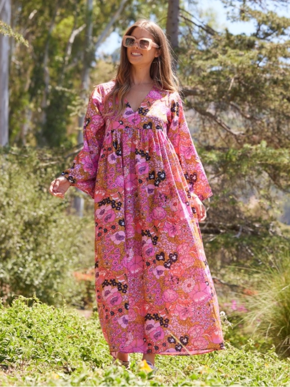 Blue Boheme Hawaii Floral Maxi Dress Long Sleeve V Neck Pink S/M Boho Hippie NWT